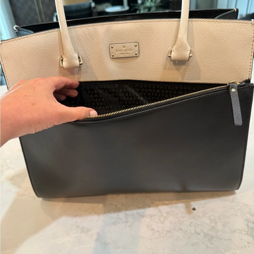 Kate Spade New York Black Cream Grove Street Maeve Large Structured Leather Tote